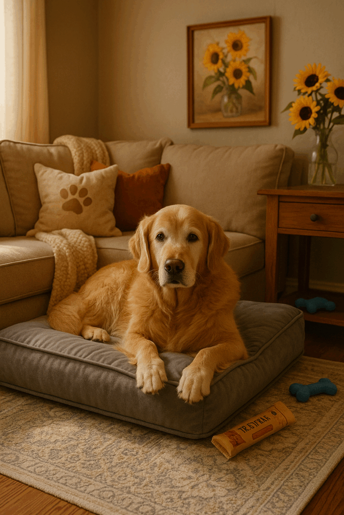 Senior dog resting on an orthopedic dog bed