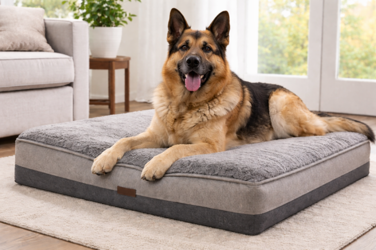 Large senior dog resting on orthopedic bed for joint support