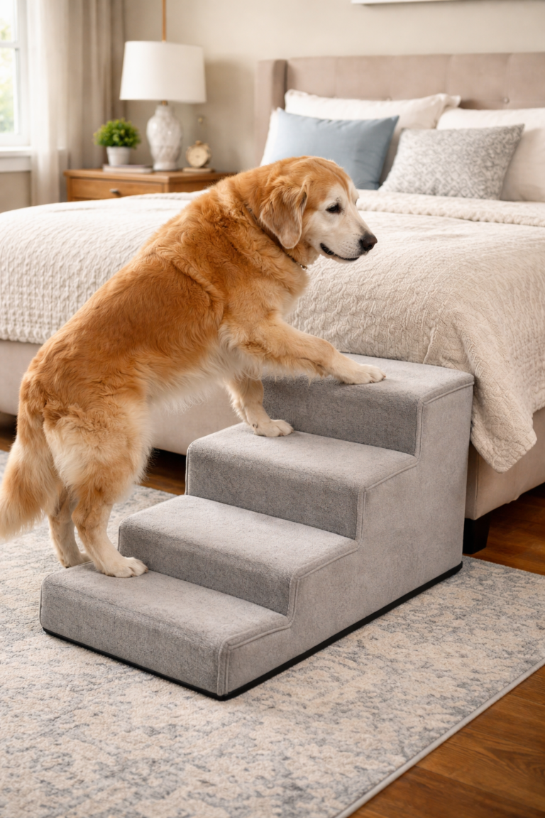 Senior dog using dog stairs to climb onto bed safely