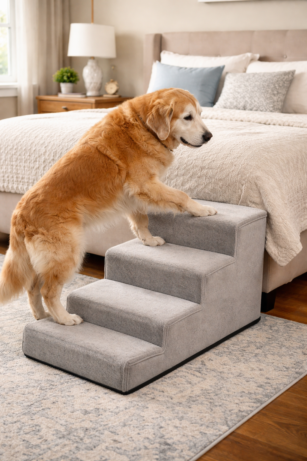 Senior dog using dog stairs to climb onto bed safely