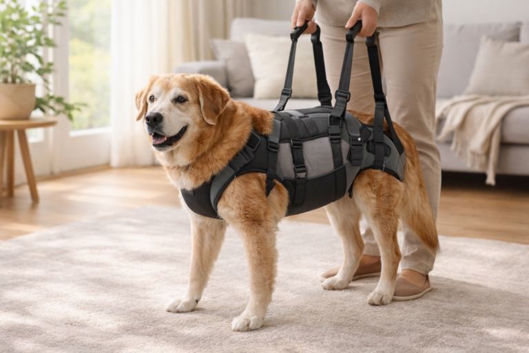 Senior dog using a mobility support harness to improve stability and comfort