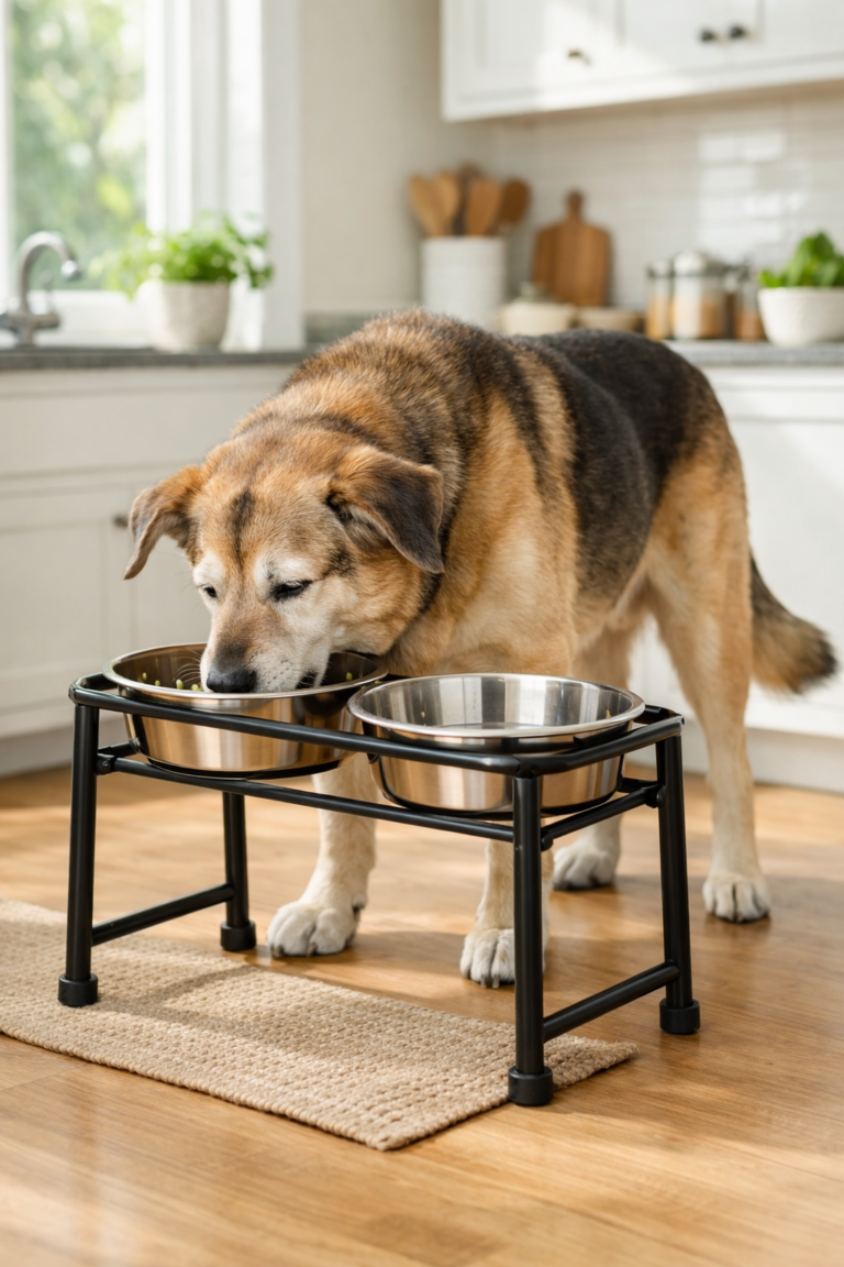Senior dog eating comfortably from an elevated dog bowl stand in a kitchen