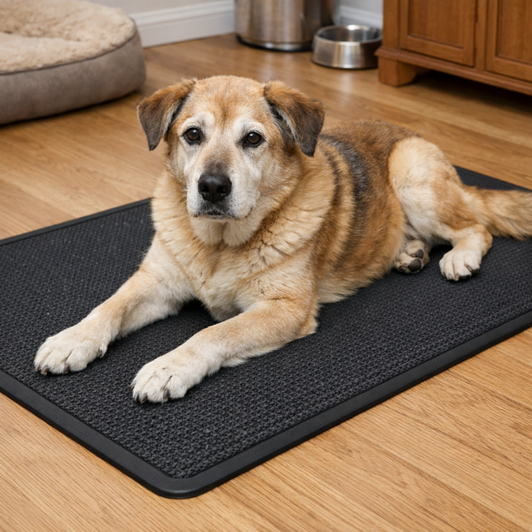 Senior dog resting on a non-slip floor mat to prevent slipping on hardwood floors