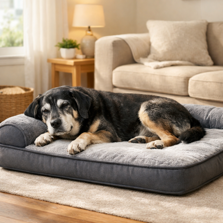 Senior dog resting comfortably on a warming orthopedic dog bed