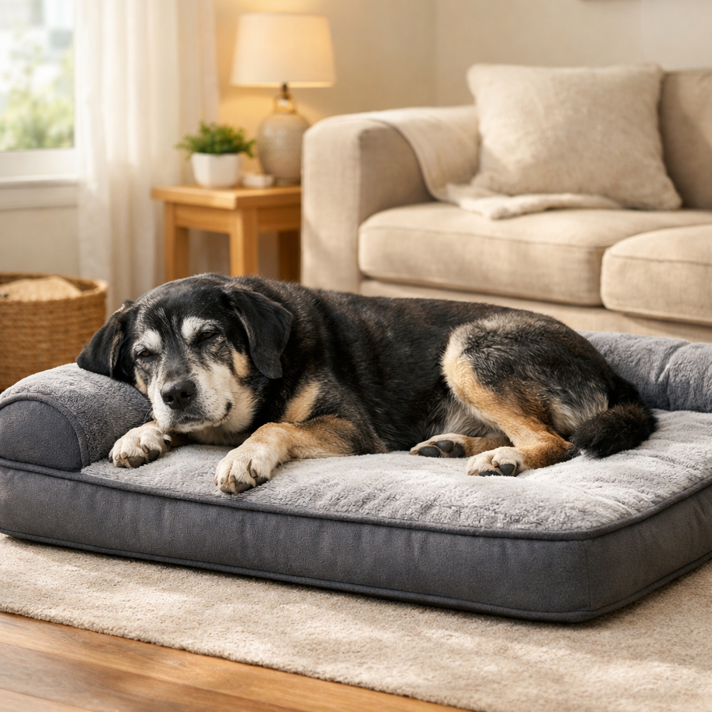 Senior dog resting comfortably on a warming orthopedic dog bed