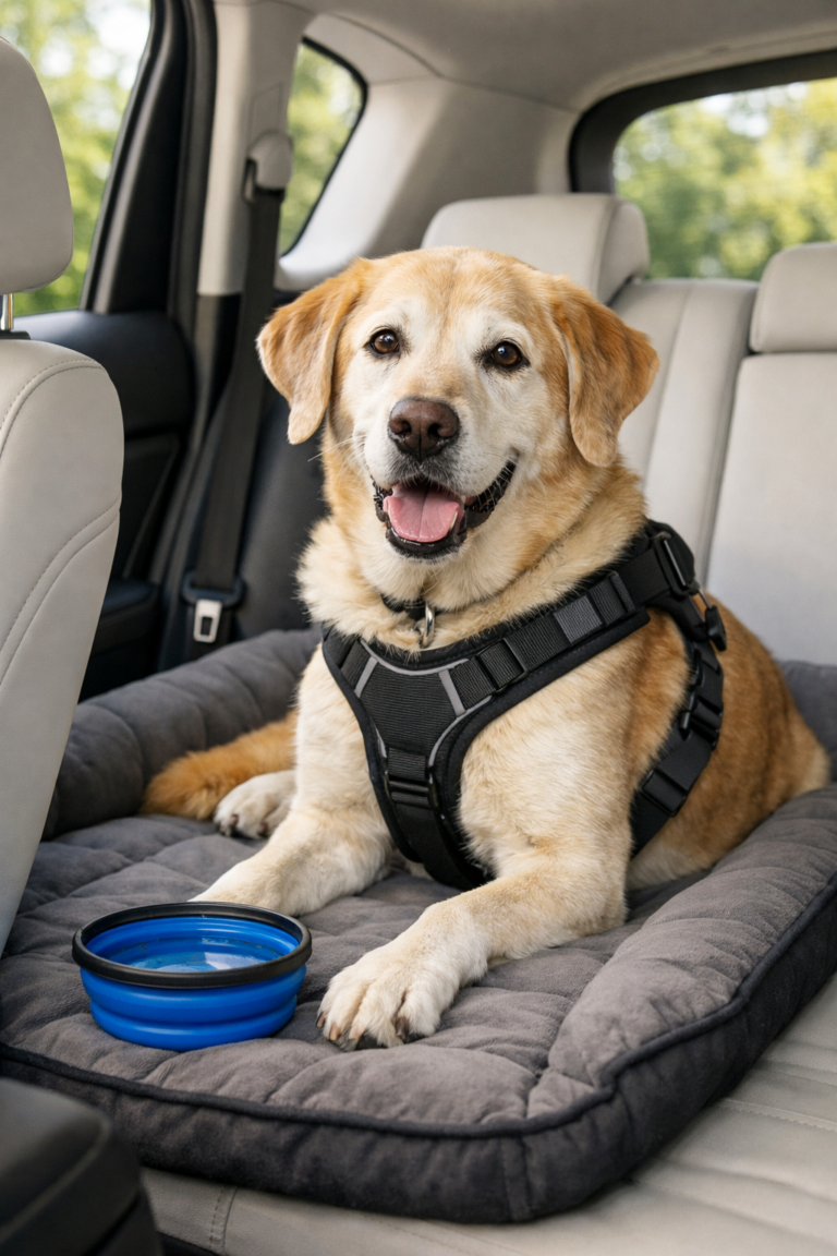 Senior dog sitting on a padded travel mat in a car, wearing a safety harness with a portable water bowl nearby, demonstrating safe and comfortable travel for aging dogs.
