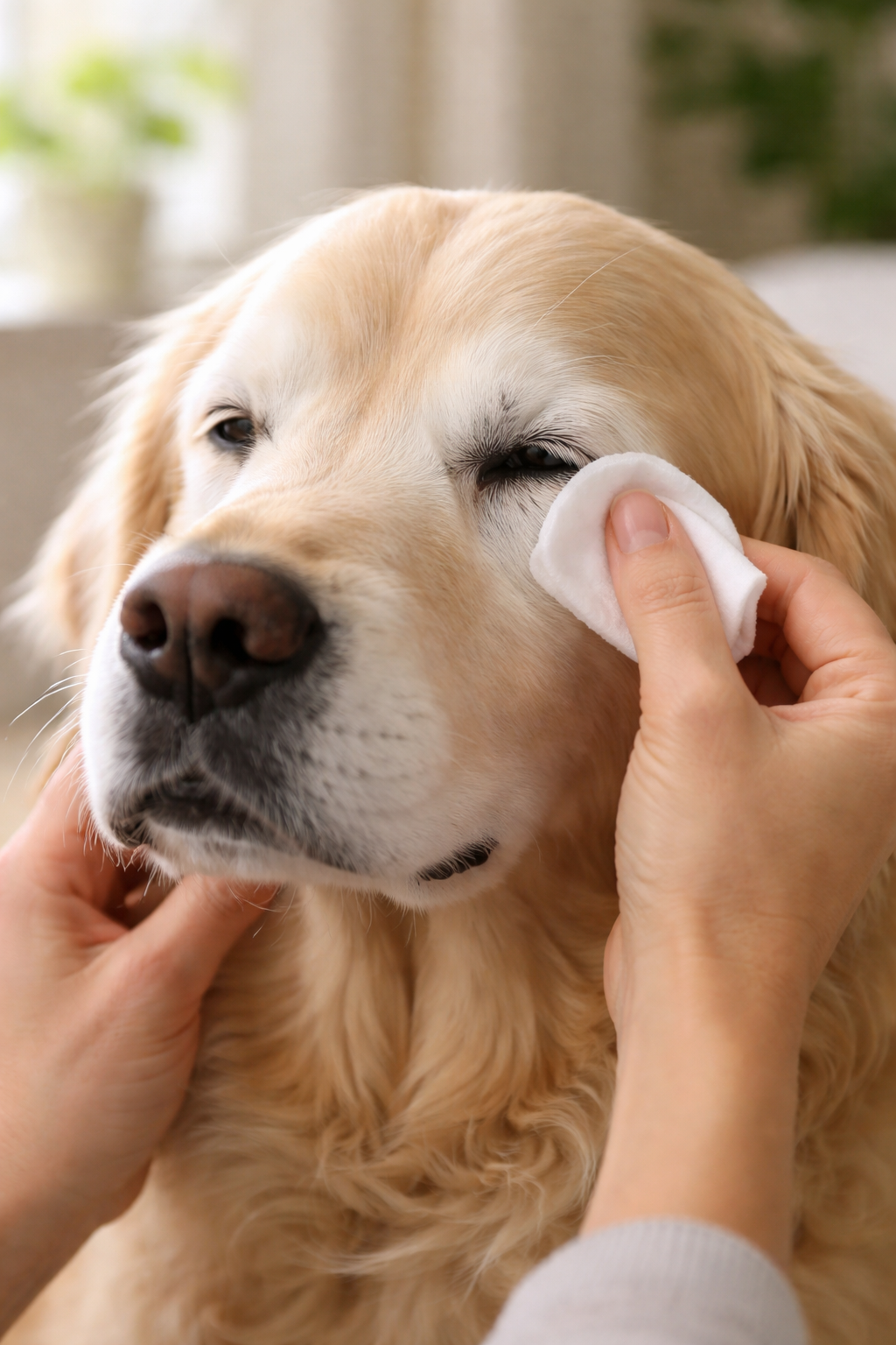 Senior dog having its eyes gently cleaned with a soft eye wipe to remove tear stains and keep eyes clean and healthy.