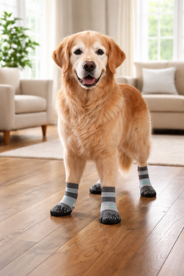 Senior dog wearing anti-slip grip socks standing safely on a hardwood floor, showing paw protection and improved traction for older dogs.