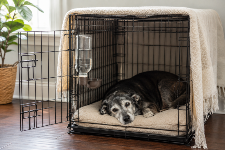 Senior dog resting comfortably inside a crate with soft bedding, a water dispenser, and crate accessories designed for comfort and safety.