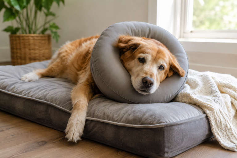 Senior dog recovering comfortably at home with a soft recovery collar, orthopedic cushion, and supportive recovery accessories.